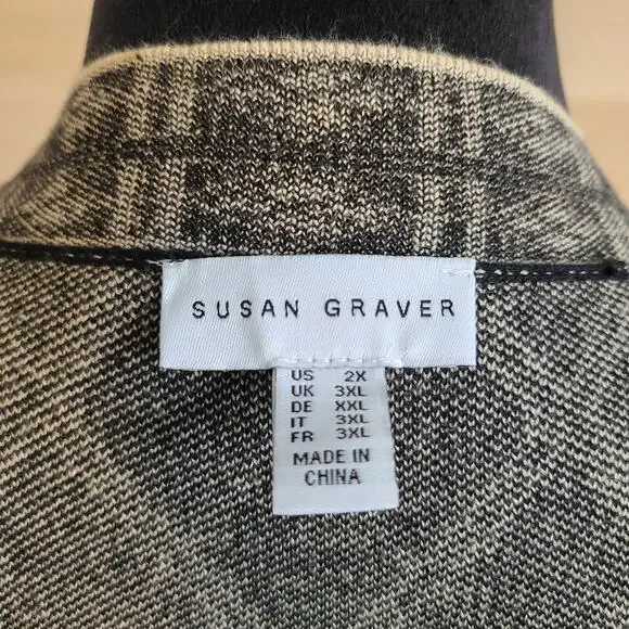 Susan Graver Cardigan Womens 2X Black White Diamond Geometric Knit Monochrome - Picture 6 of 11